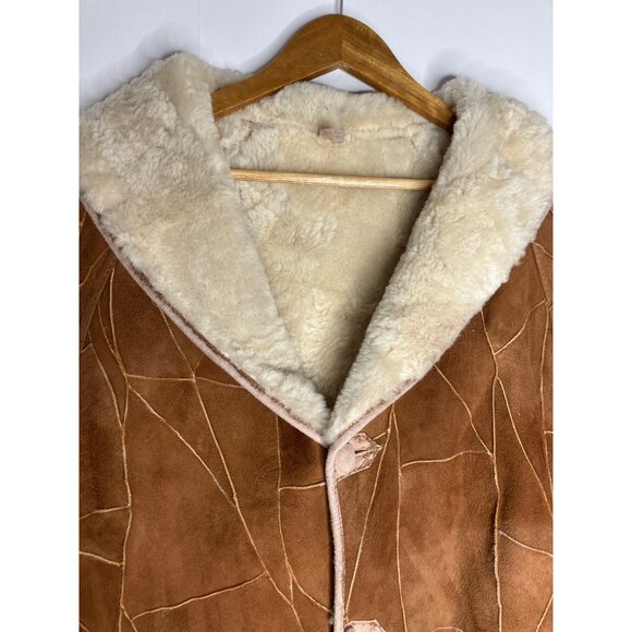 Vintage Brown Suede Shearling Coat With Faux Fur Lining & Button Closures Mens L - Picture 4 of 11